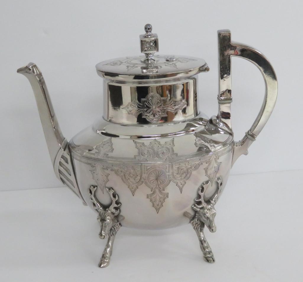 9" 1875 Meriden B Company plated coffee pot with stag heads, Gorgeous