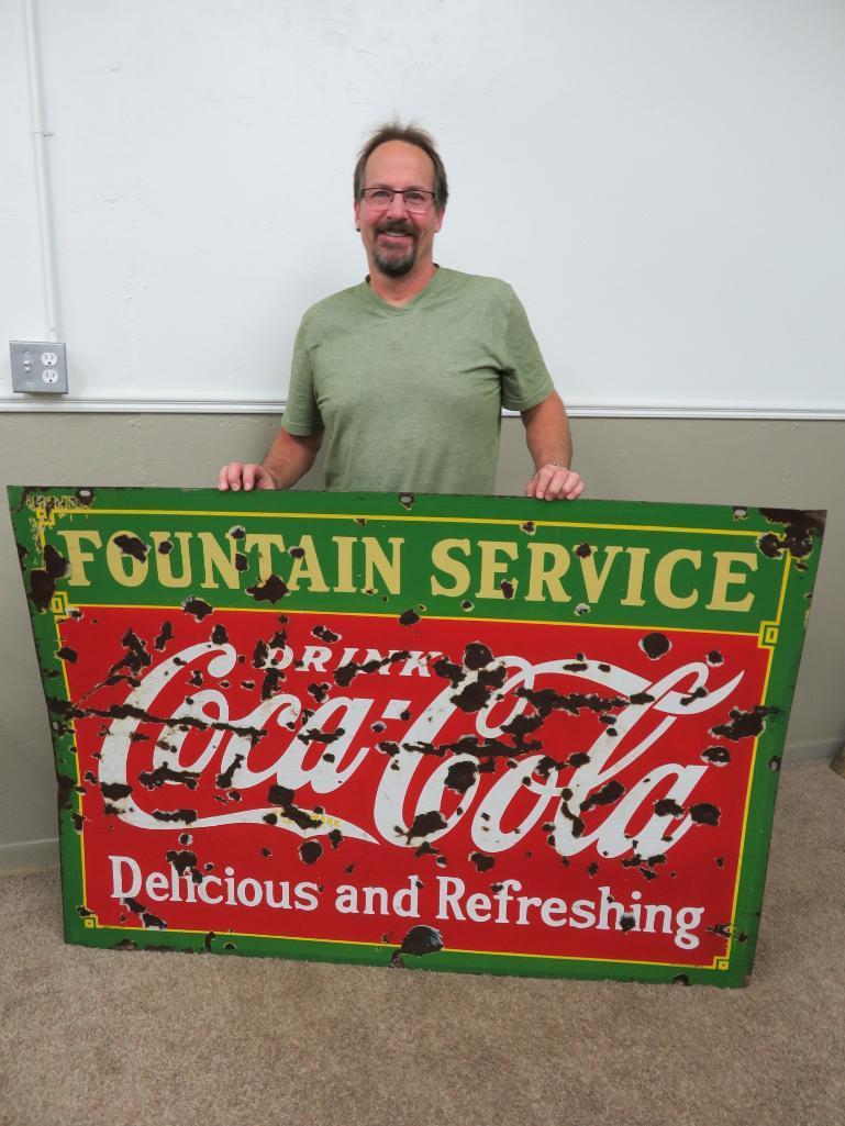 Large enamel two sided Coca Cola Fountain Service sign, 60" x 42"