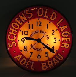 Nice Schoen's Old Lager Adel Brau clock, Wausau, works, 14 1/2"