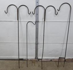 Four metal shepherd hooks, plant hooks, 48" and (3) 65"