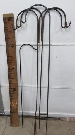 Four metal shepherd hooks, plant hooks, 48" and (3) 65"