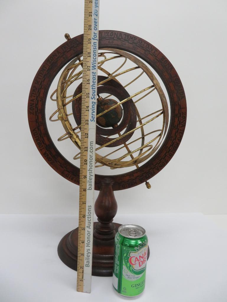 Wooden and Brass Armillary Sphere, 16" diameter and 22" tall, Zona Fredda