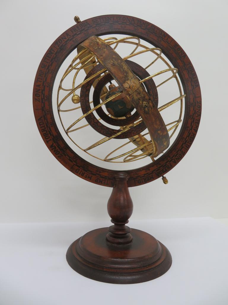 Wooden and Brass Armillary Sphere, 16" diameter and 22" tall, Zona Fredda