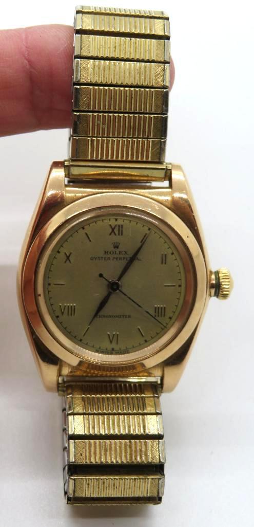 Vintage 14 kt rose gold Rolex 3131 bubble back mans wrist watch, Oyster Perpetual Chronometer