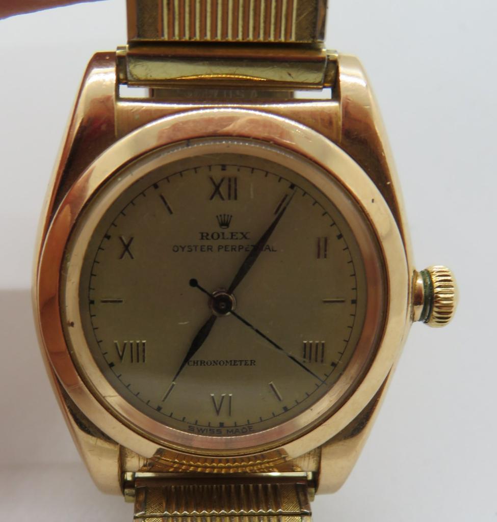 Vintage 14 kt rose gold Rolex 3131 bubble back mans wrist watch, Oyster Perpetual Chronometer