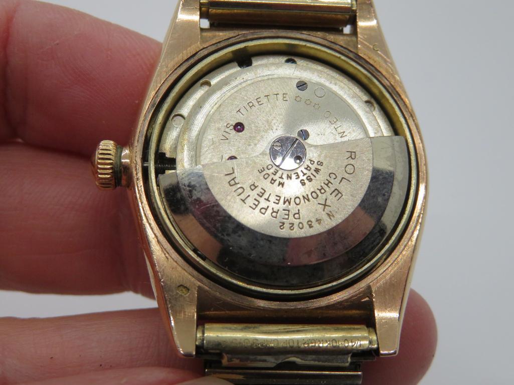 Vintage 14 kt rose gold Rolex 3131 bubble back mans wrist watch, Oyster Perpetual Chronometer