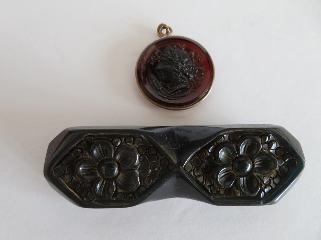 Vintage jewelry, glass cameo and bakelite style bar pin carved