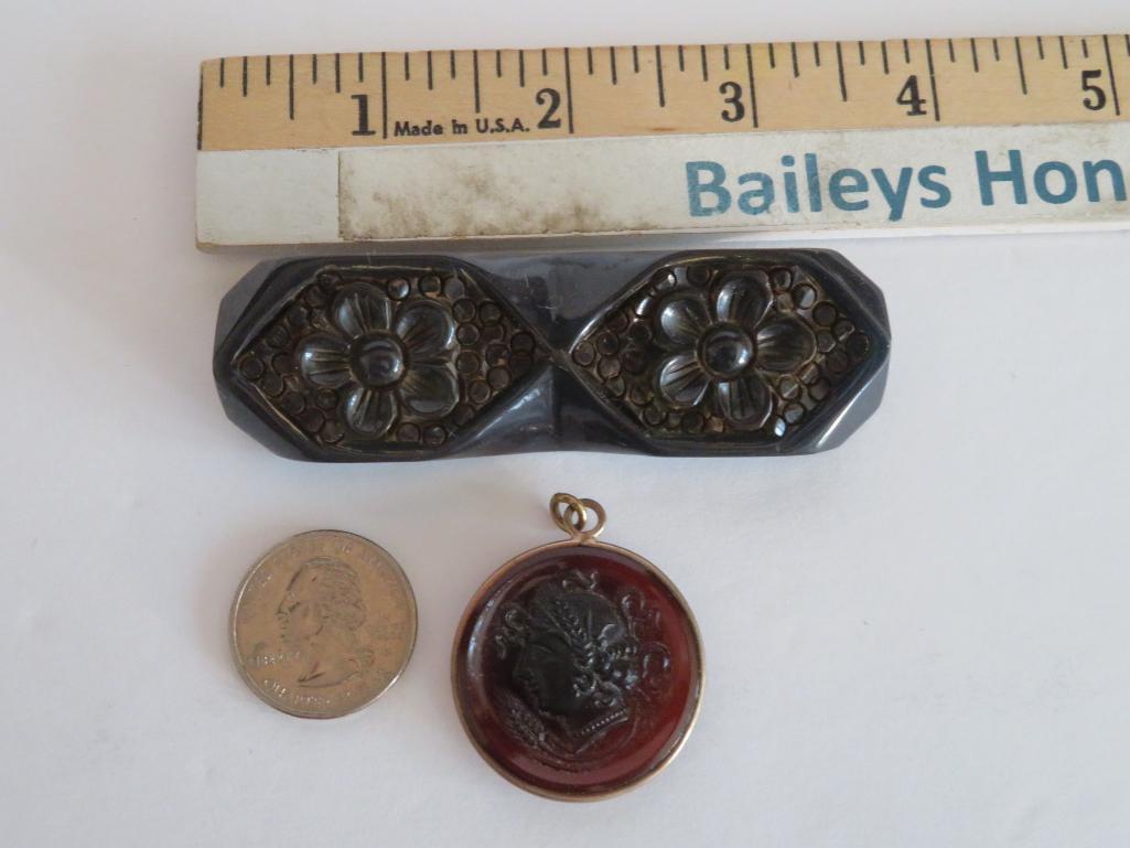 Vintage jewelry, glass cameo and bakelite style bar pin carved