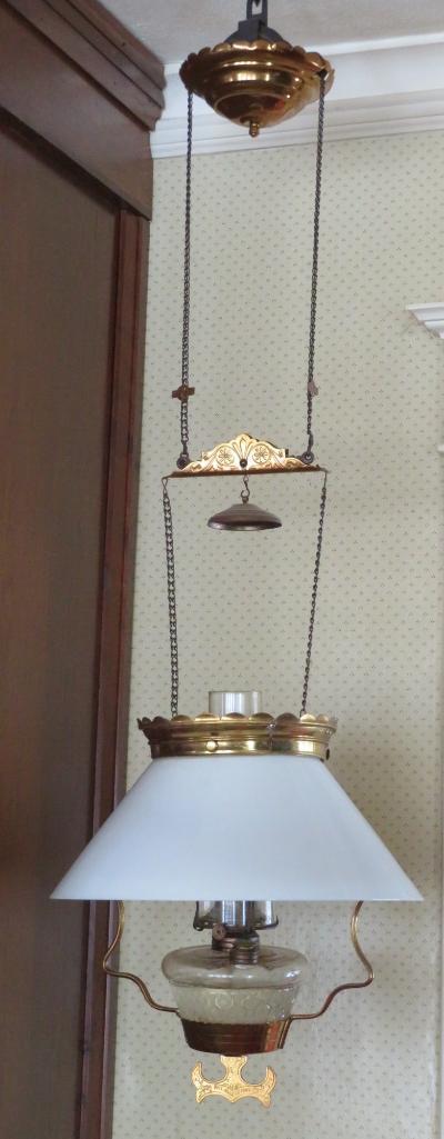 Hanging kersone lamp, brass with milk glass shade, patent 1882
