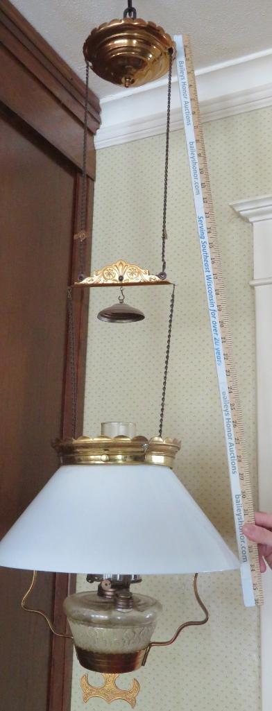 Hanging kersone lamp, brass with milk glass shade, patent 1882