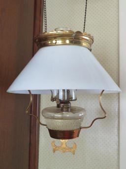 Hanging kersone lamp, brass with milk glass shade, patent 1882