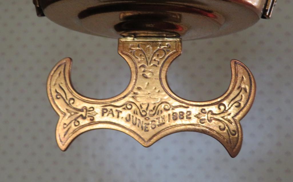 Hanging kersone lamp, brass with milk glass shade, patent 1882