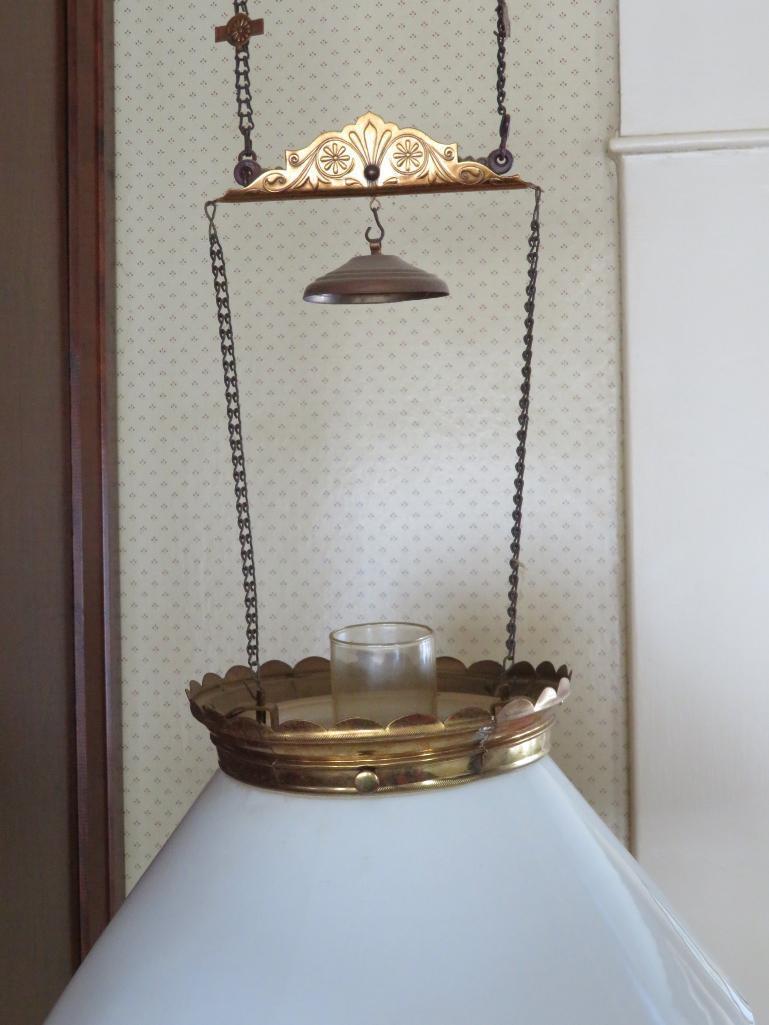 Hanging kersone lamp, brass with milk glass shade, patent 1882