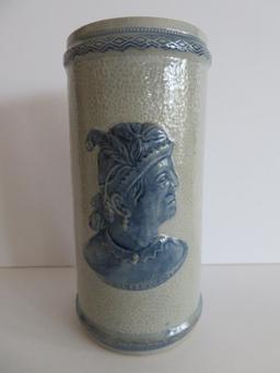 Weir Pottery Old Sleepy Eye Flour Indian bust and dragonfly vase, blue and grey stoneware