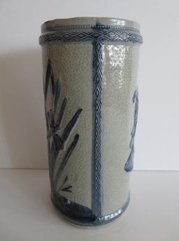 Weir Pottery Old Sleepy Eye Flour Indian bust and dragonfly vase, blue and grey stoneware