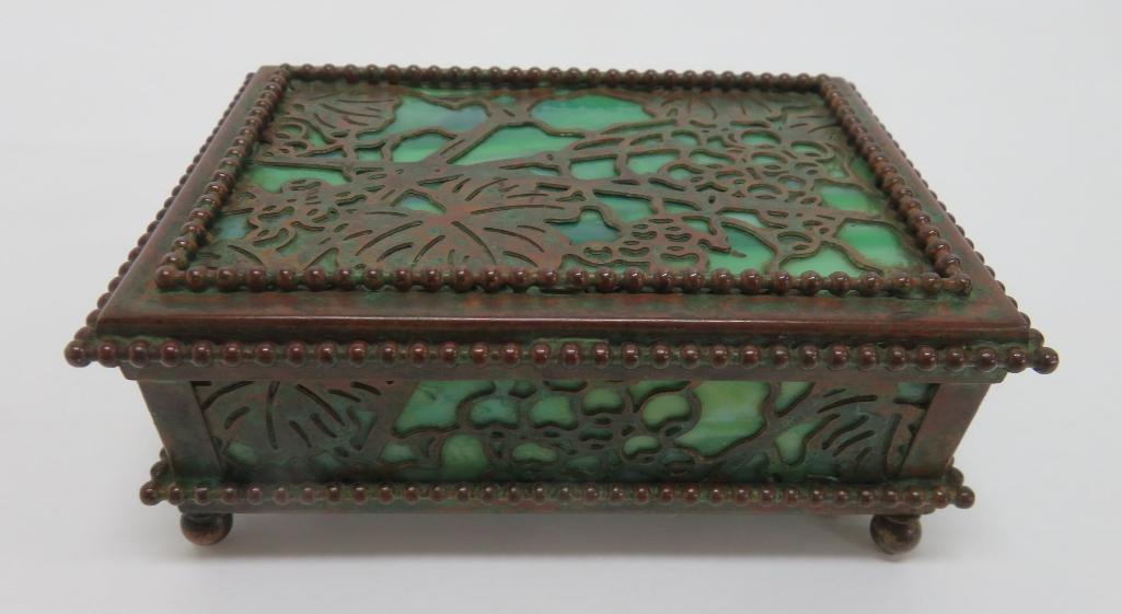 Tiffany Studios NY slag and bronze box, grape and grapevine pattern