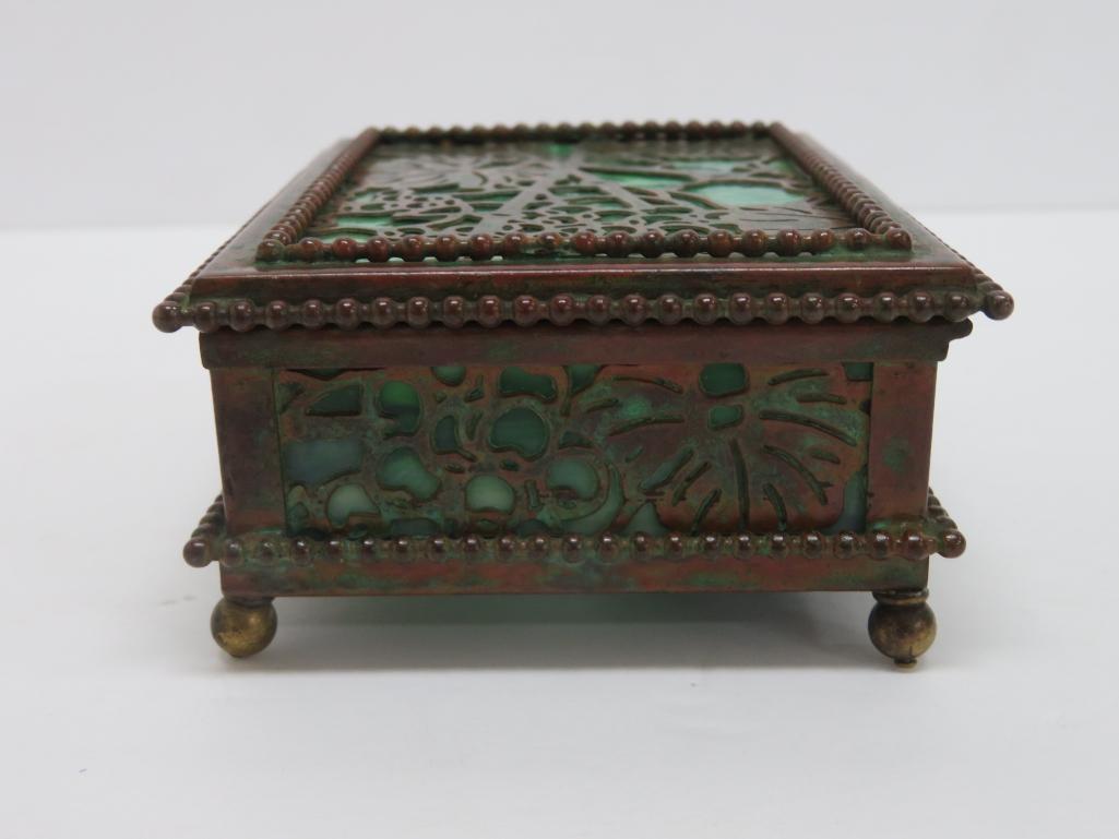 Tiffany Studios NY slag and bronze box, grape and grapevine pattern