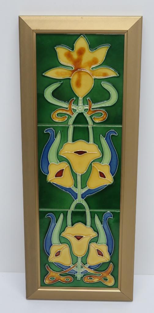 Three part Art Nouveau framed tile, floral, 29" x 8"