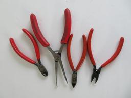 10 small pliers, 6 pieces marked Snap-On, 4" to 6"