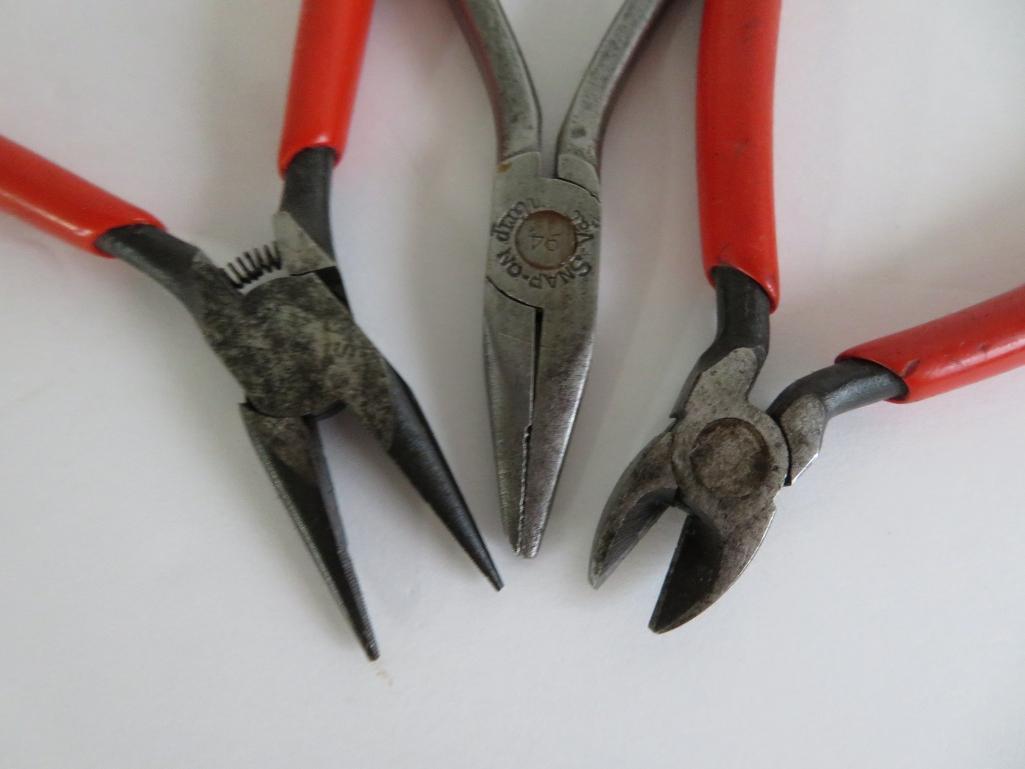 10 small pliers, 6 pieces marked Snap-On, 4" to 6"