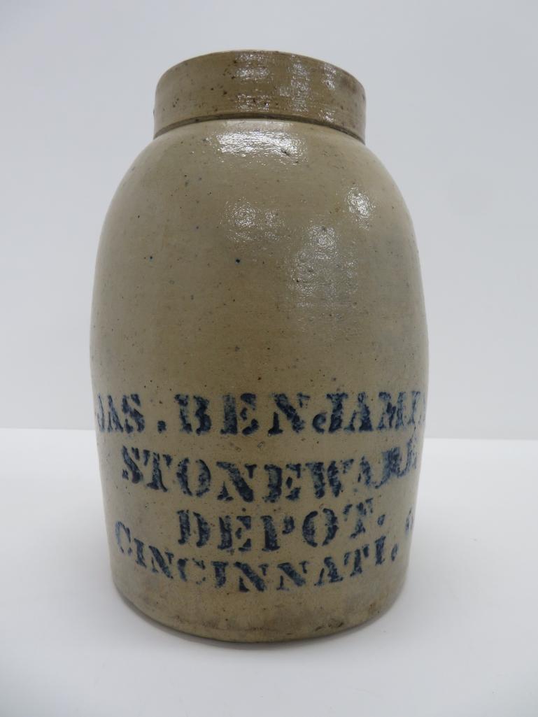 Jas Benjamin Stoneware Depot, stoneware sealer jar, Cincinnati OH, 10"