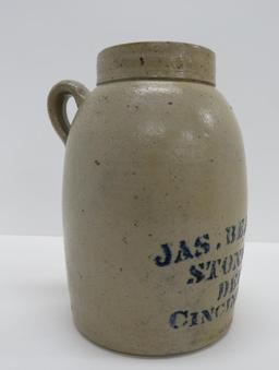 Jas Benjamin Stoneware Depot, stoneware sealer jar, Cincinnati OH, 10"