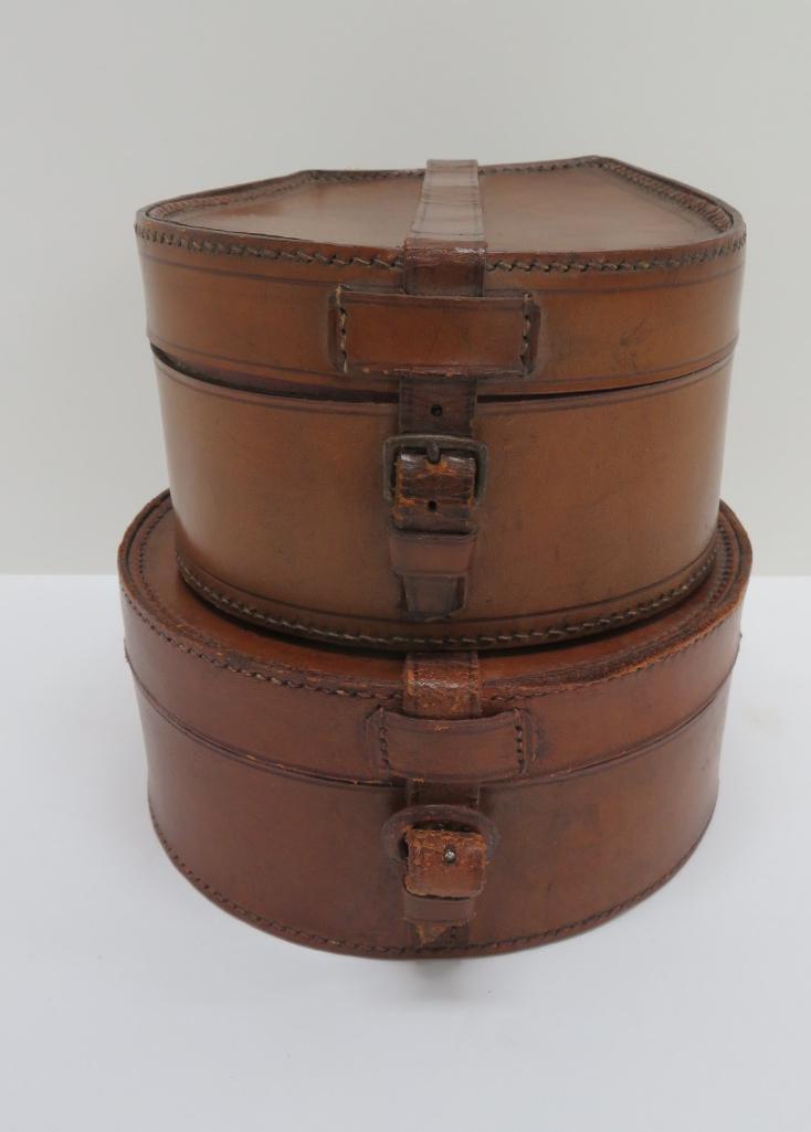 Two leather storage boxes, collar dresser boxes, 6" and 7"