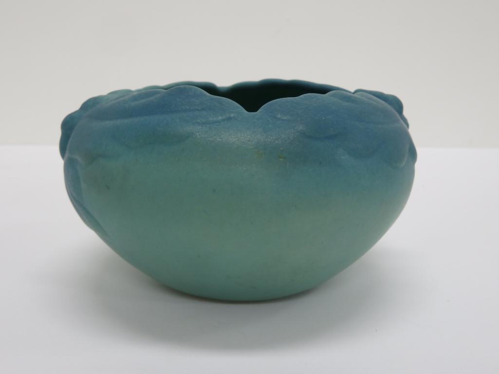 Van Briggle Ming blue acorn leaf bowl, 6" wide, 3 1/4" tall