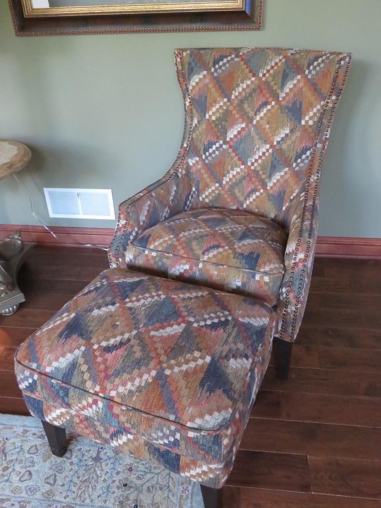 Geometric print side chair with ottoman and three matching accent pillows