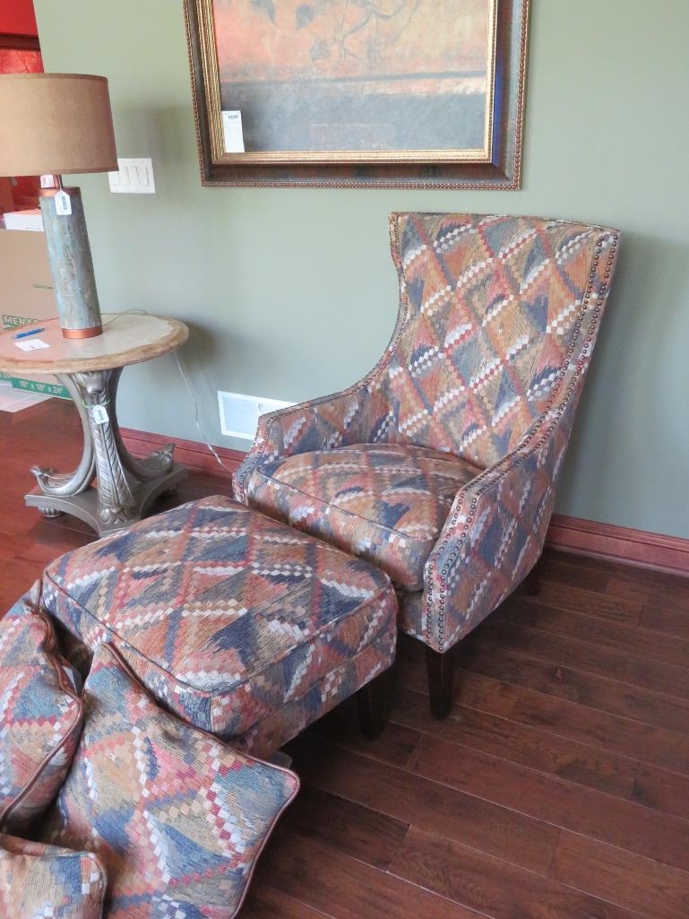 Geometric print side chair with ottoman and three matching accent pillows