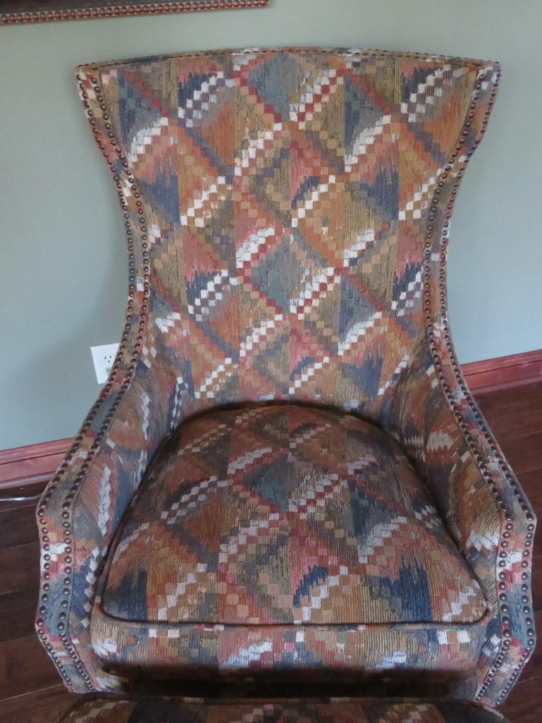 Geometric print side chair with ottoman and three matching accent pillows