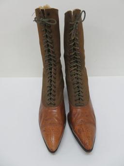 Lovely leather and canvas high top boots, marked Sterling Shoes on sole