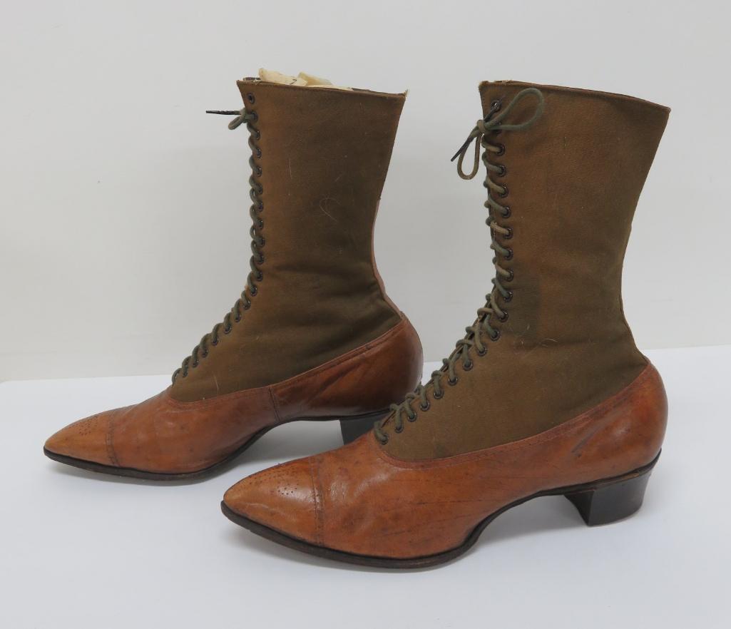 Lovely leather and canvas high top boots, marked Sterling Shoes on sole