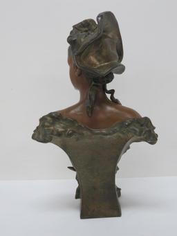 Metal sculpture, bust of a woman, bronze patina, 11", Art Nouveau