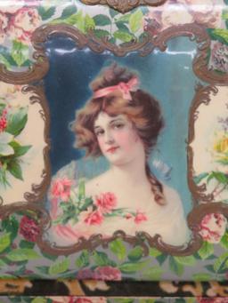 Vintage Celluloid photo album on stand with drawer, lovely floral and pretty lady