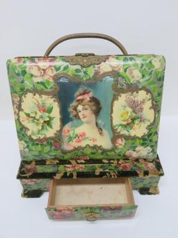 Vintage Celluloid photo album on stand with drawer, lovely floral and pretty lady