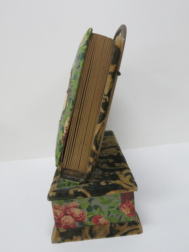 Vintage Celluloid photo album on stand with drawer, lovely floral and pretty lady
