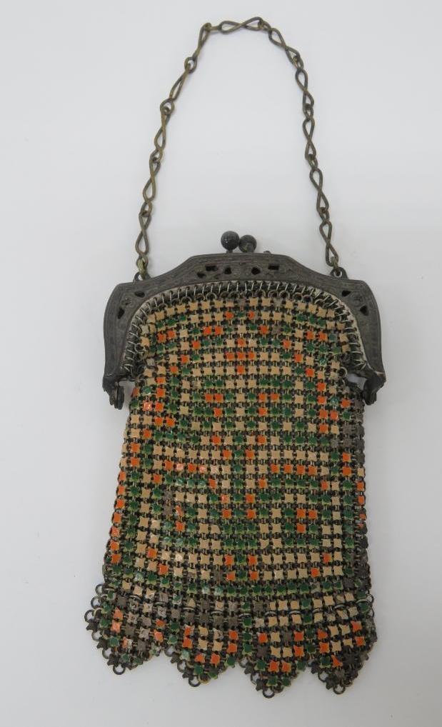 Enamel Mesh coin purse, orange and green, Whiting and Davis, 4"