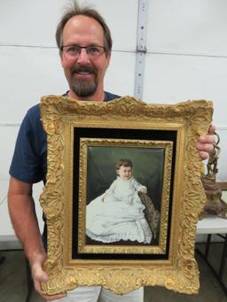 Rare large porcelain painted portrait of a child with ornate frame