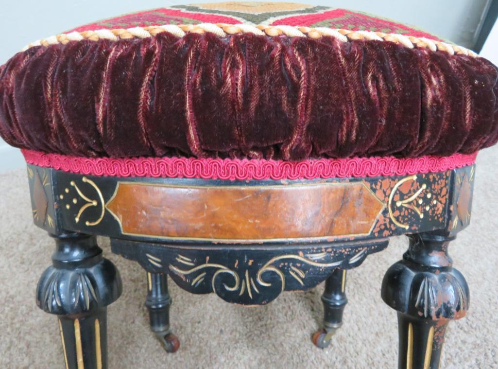 Lovely needlepoint top ornate footstool, geometric pattern, 20" diameter and 17" tall