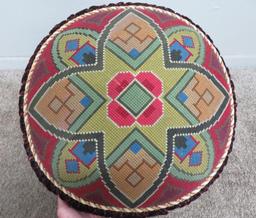 Lovely needlepoint top ornate footstool, geometric pattern, 20" diameter and 17" tall
