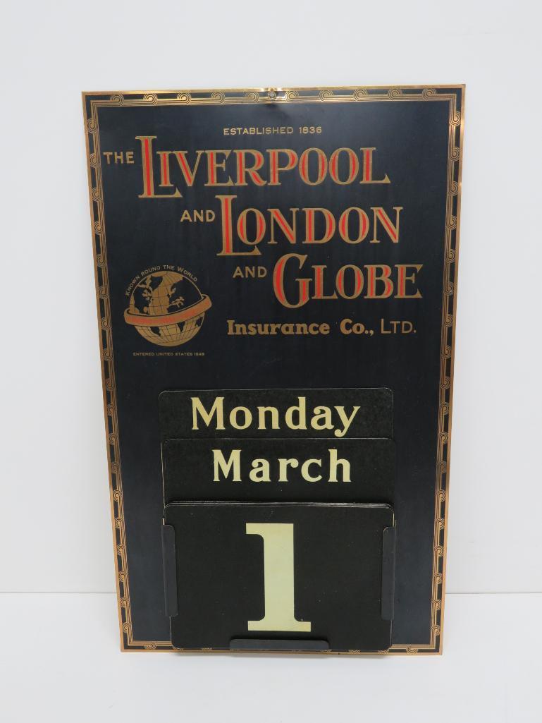 Outstanding Metal advertising calendar, Liverpool and London Globe Insurance Co , 12" x 20"