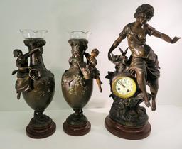 Gorgeous F. Moreau French Figural clock and side vases, titled Premier Fruit