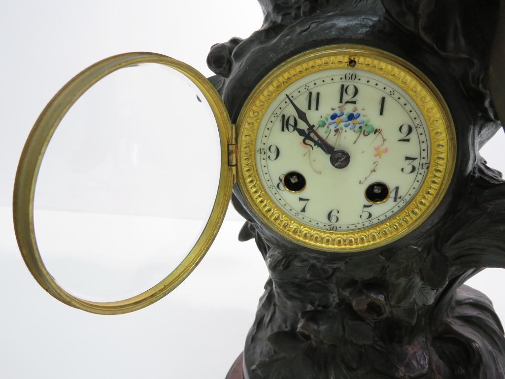 Gorgeous F. Moreau French Figural clock and side vases, titled Premier Fruit