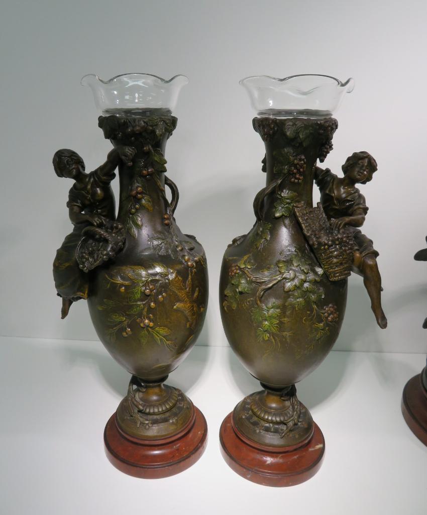 Gorgeous F. Moreau French Figural clock and side vases, titled Premier Fruit