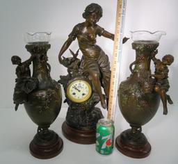 Gorgeous F. Moreau French Figural clock and side vases, titled Premier Fruit