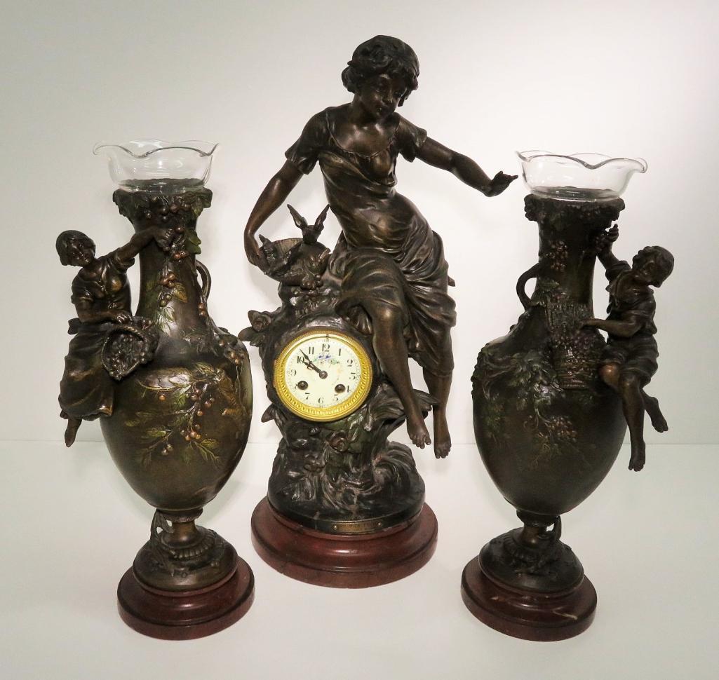 Gorgeous F. Moreau French Figural clock and side vases, titled Premier Fruit