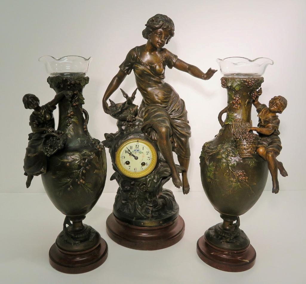 Gorgeous F. Moreau French Figural clock and side vases, titled Premier Fruit