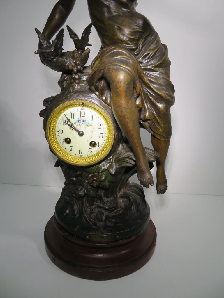 Gorgeous F. Moreau French Figural clock and side vases, titled Premier Fruit