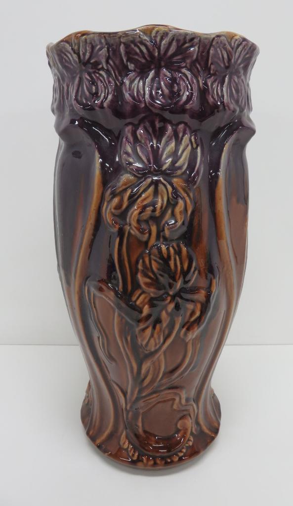 Iris Majolica style glaze umbrella stand, purple, 19 1/2", attributed to Weller